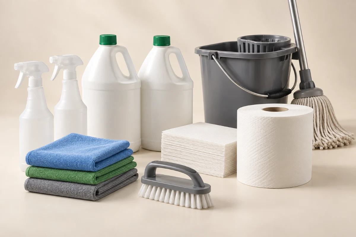 Assorted commercial cleaning supplies, cloths, paper towels and mop bucket