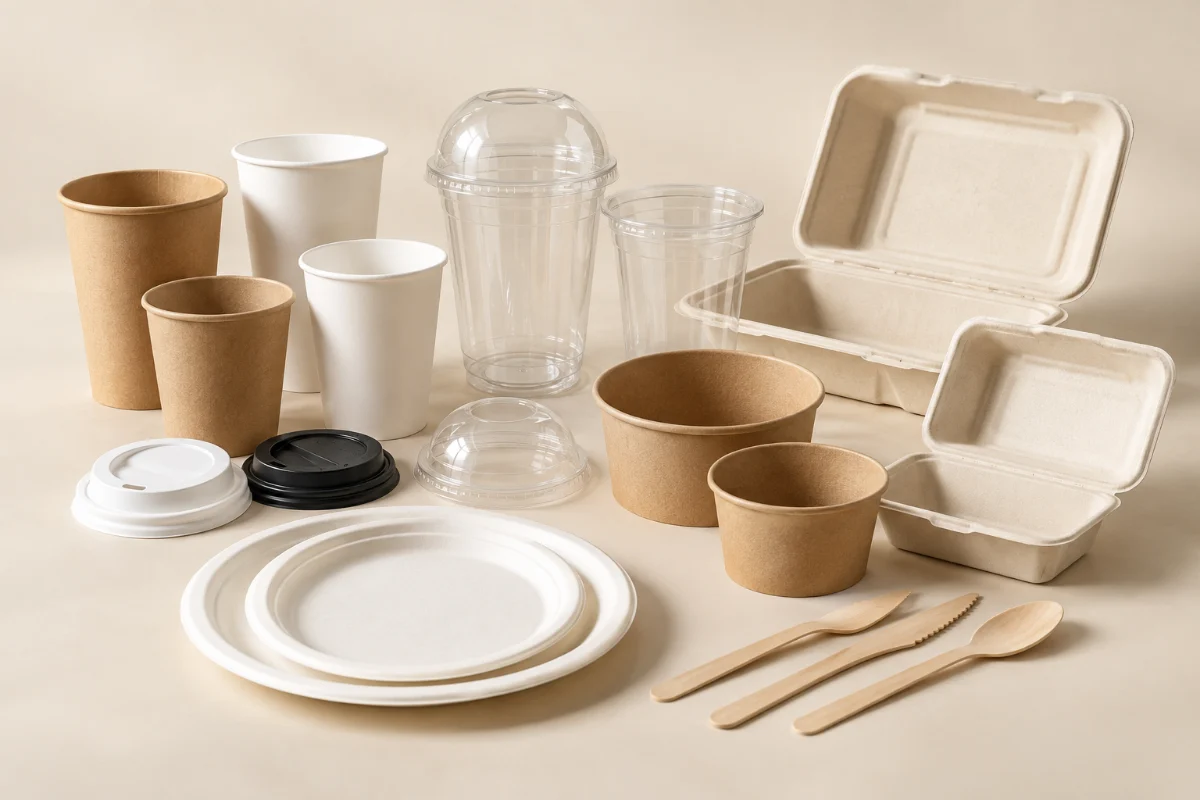 Assorted empty disposable cups, bowls, plates, takeaway containers and wooden cutlery